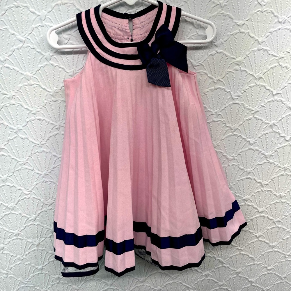 Bonnie Baby Girls Size 18M  Pleat Pink With Navy Blue Bow Under Tulle Silk Lined